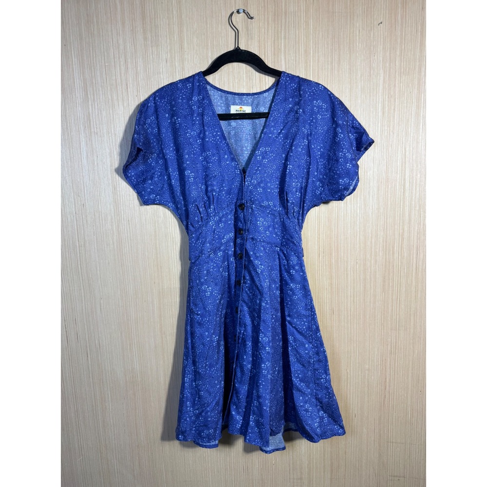 Marine Layer Blue Floral Tencel Button Front Mini Dress Small Short Sleeve Tie